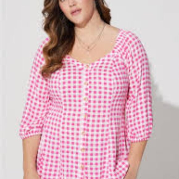 Torrid 2X Gingham Fit & Flare Rayon Slub Button Up 3/4 Sleeve Top - Picture 1 of 9